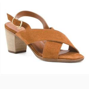 Mariella Italian suede criss cross strap slingback sandals with block heel